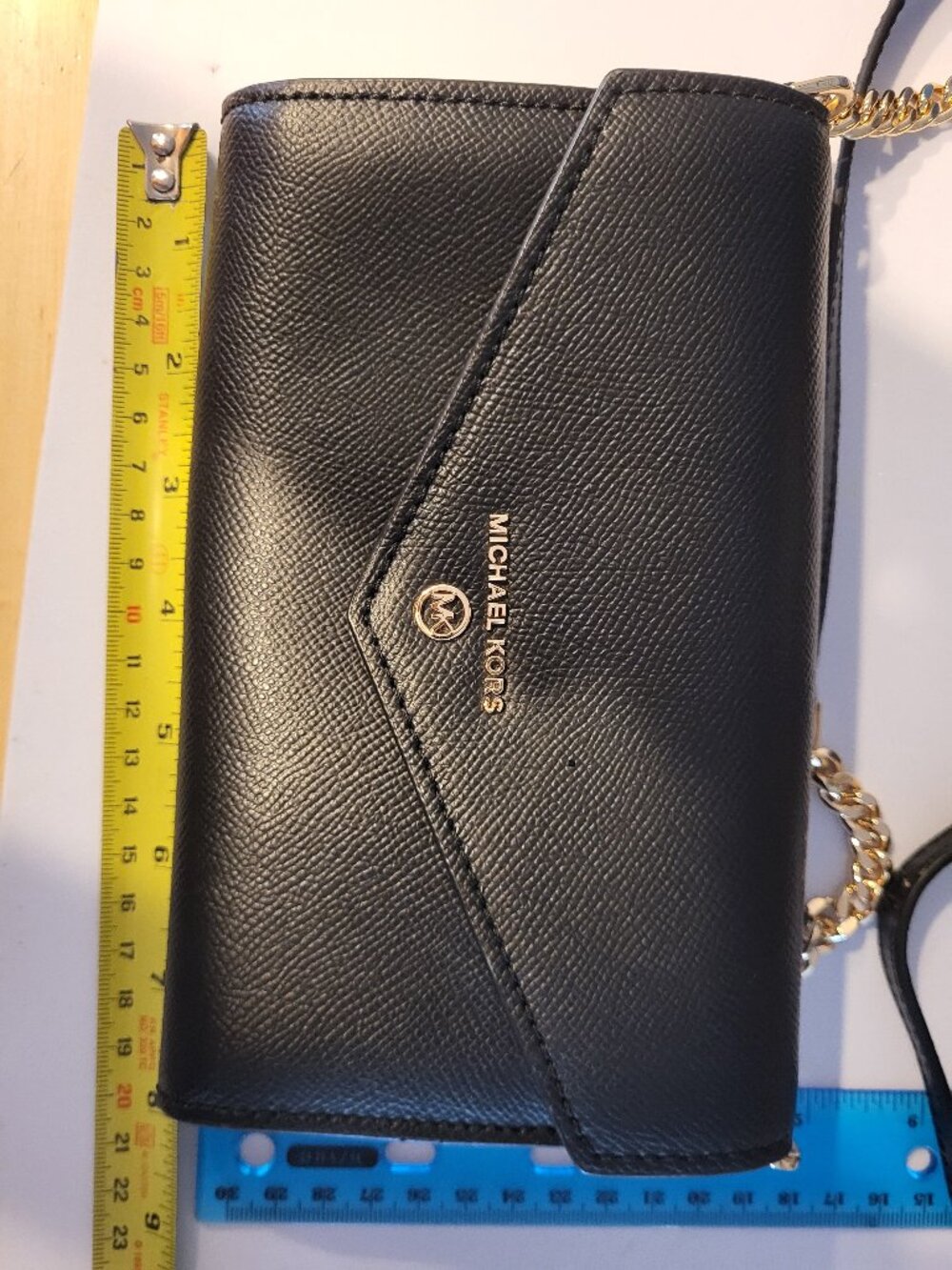 Michael Kors Black Leather Envelope Crossbody Gold Chain Strap